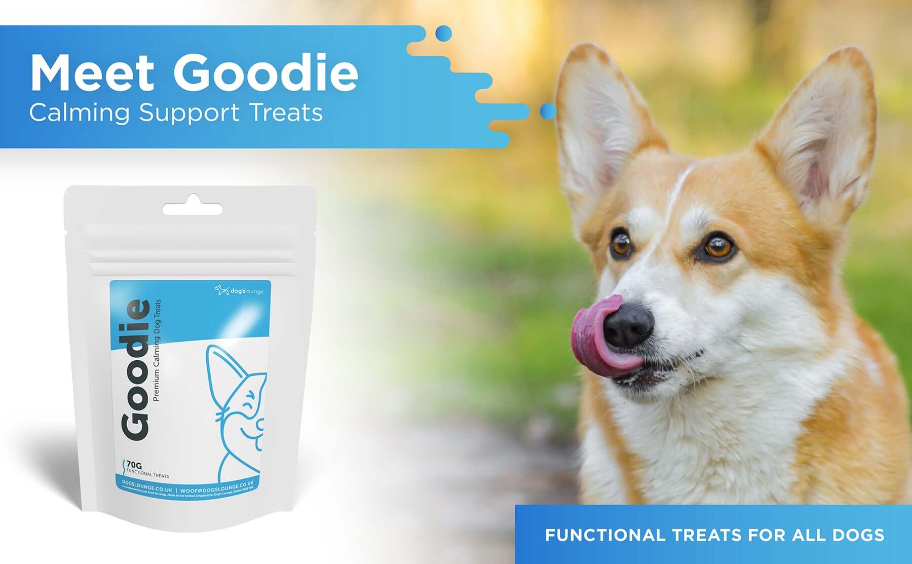 Goodie - calming support functional treats. Dog licking his face.